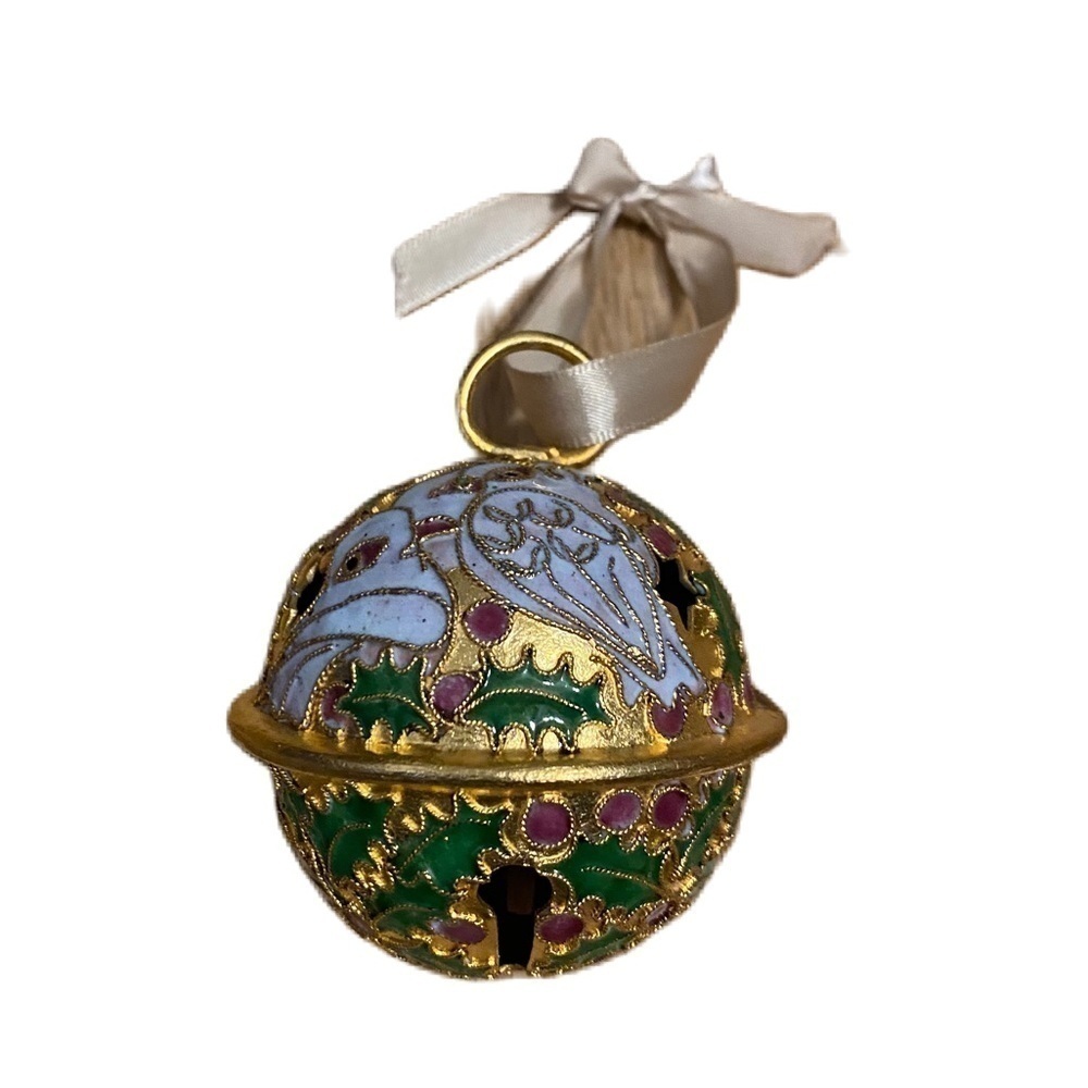 Vintage Cloisonne Christmas Sleigh Bell Poinsettia Ornament NYCO Enameled Metal